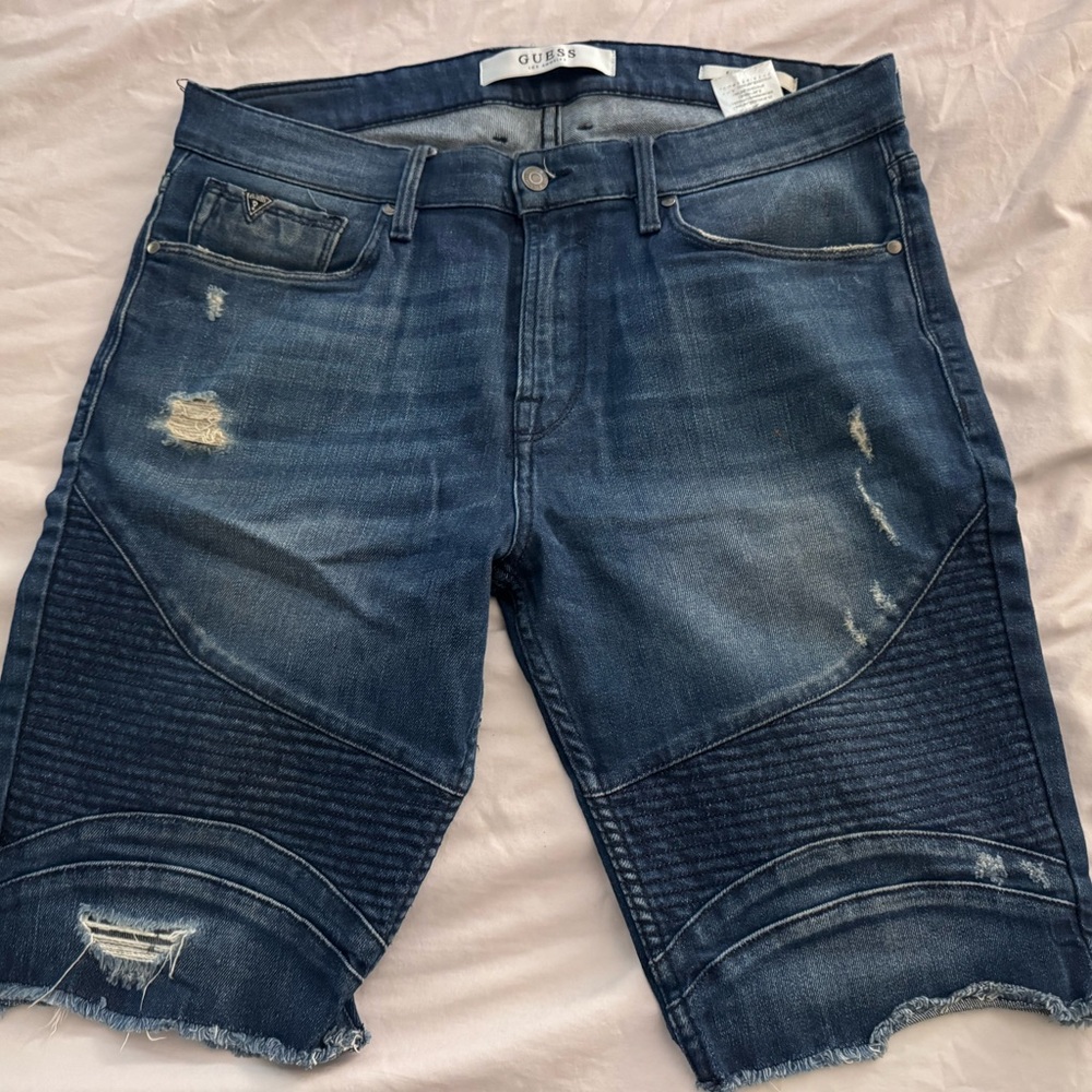 GUESS Men's Distressed Dark Blue Jean Shorts